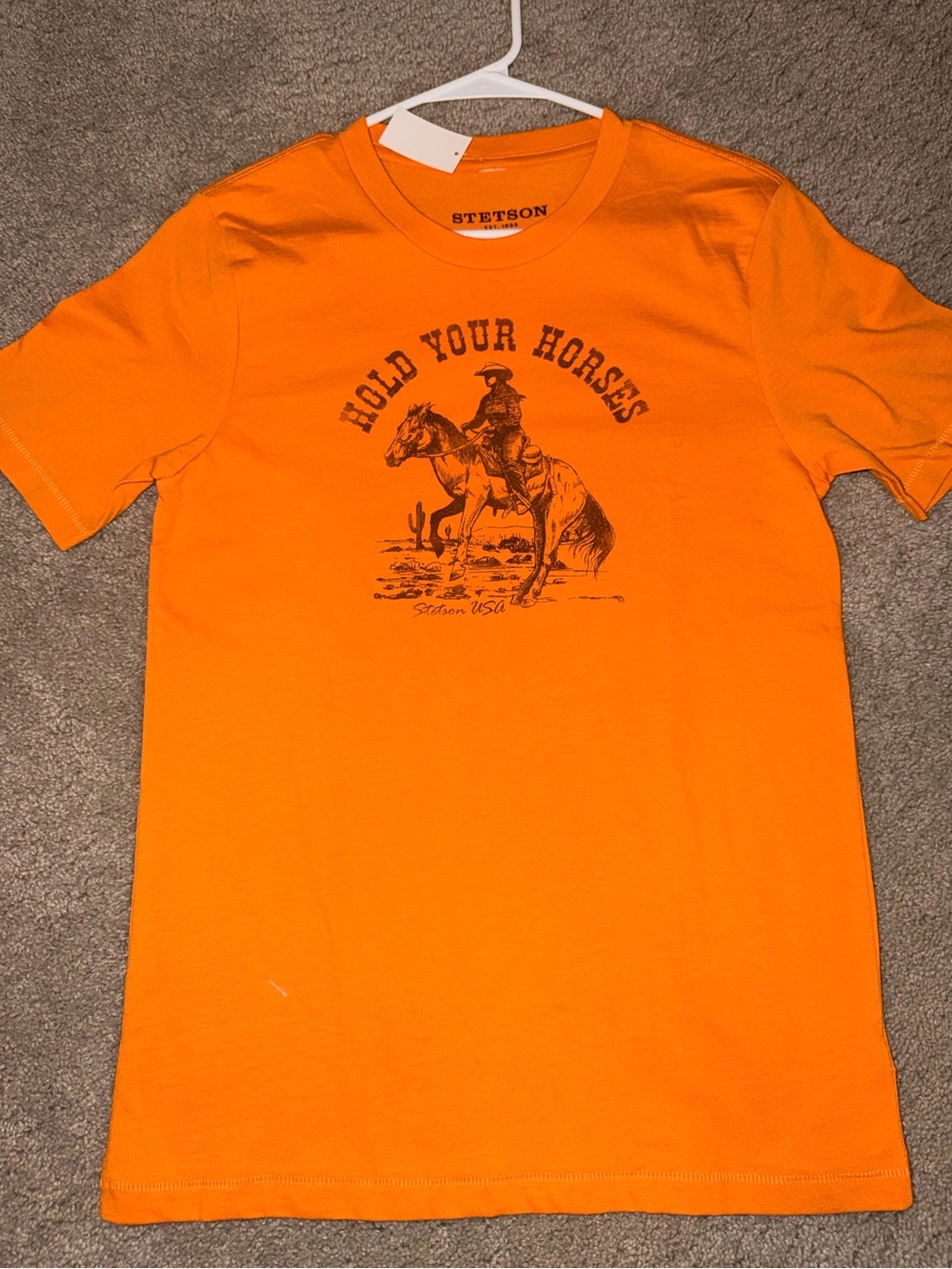 NWT Stetson Women’s ‘Hold Your Horses' Yellow/Orange Graphic Tee-Small
